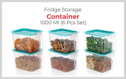 Pack of 6 Plastic Fridge Storage Containers (1000 ml, Blue)